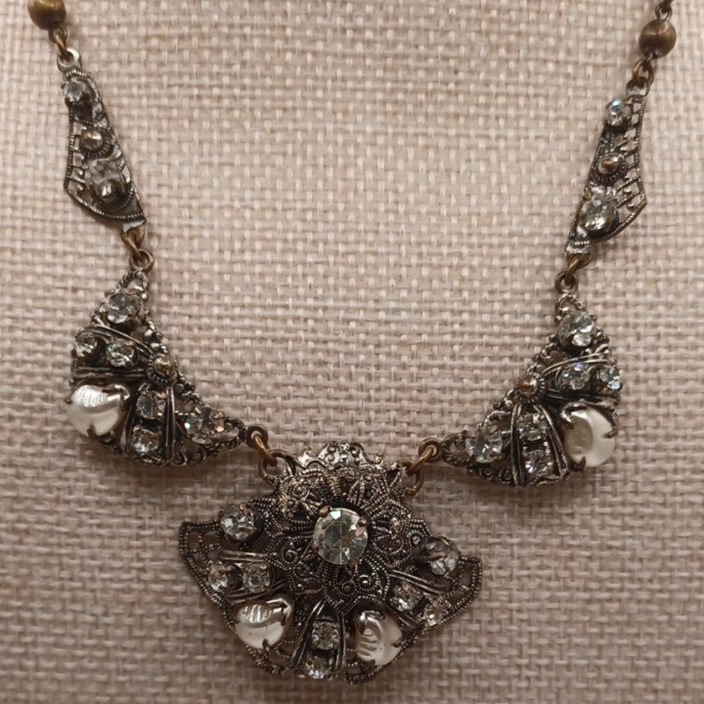 Western Germany Clear Rhinestone and Filigree Pearl Necklace - Picture 2 of 12